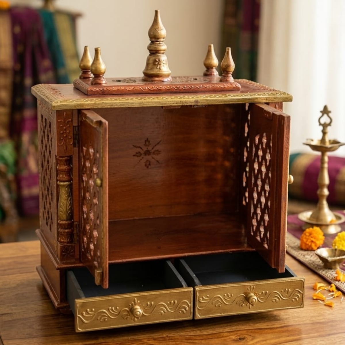 Handcrafted Home Temple – Antique Gold & Rust Mandir with Carved Doors and Storage Drawers - Image 2