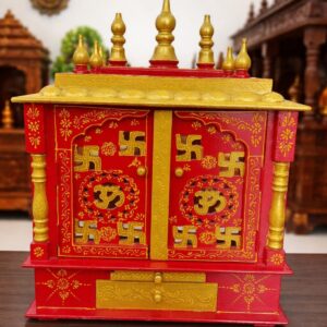Handcrafted Home Mandir – Vibrant Red & Gold Pooja Temple with Storage Drawer