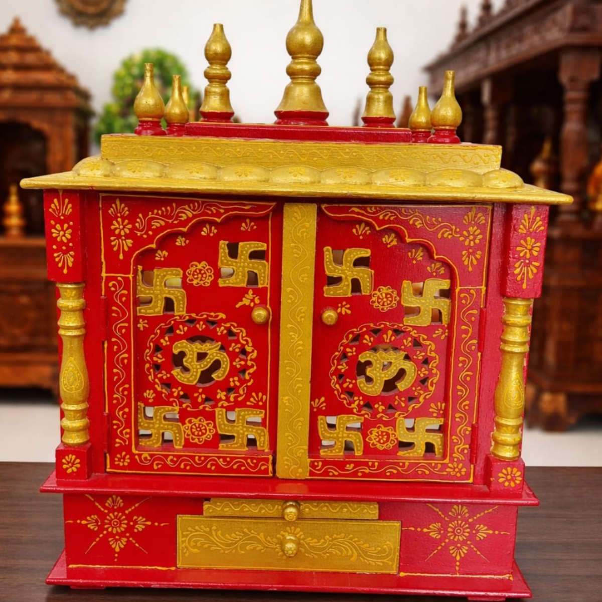 Handcrafted Home Mandir – Vibrant Red & Gold Pooja Temple with Storage Drawer