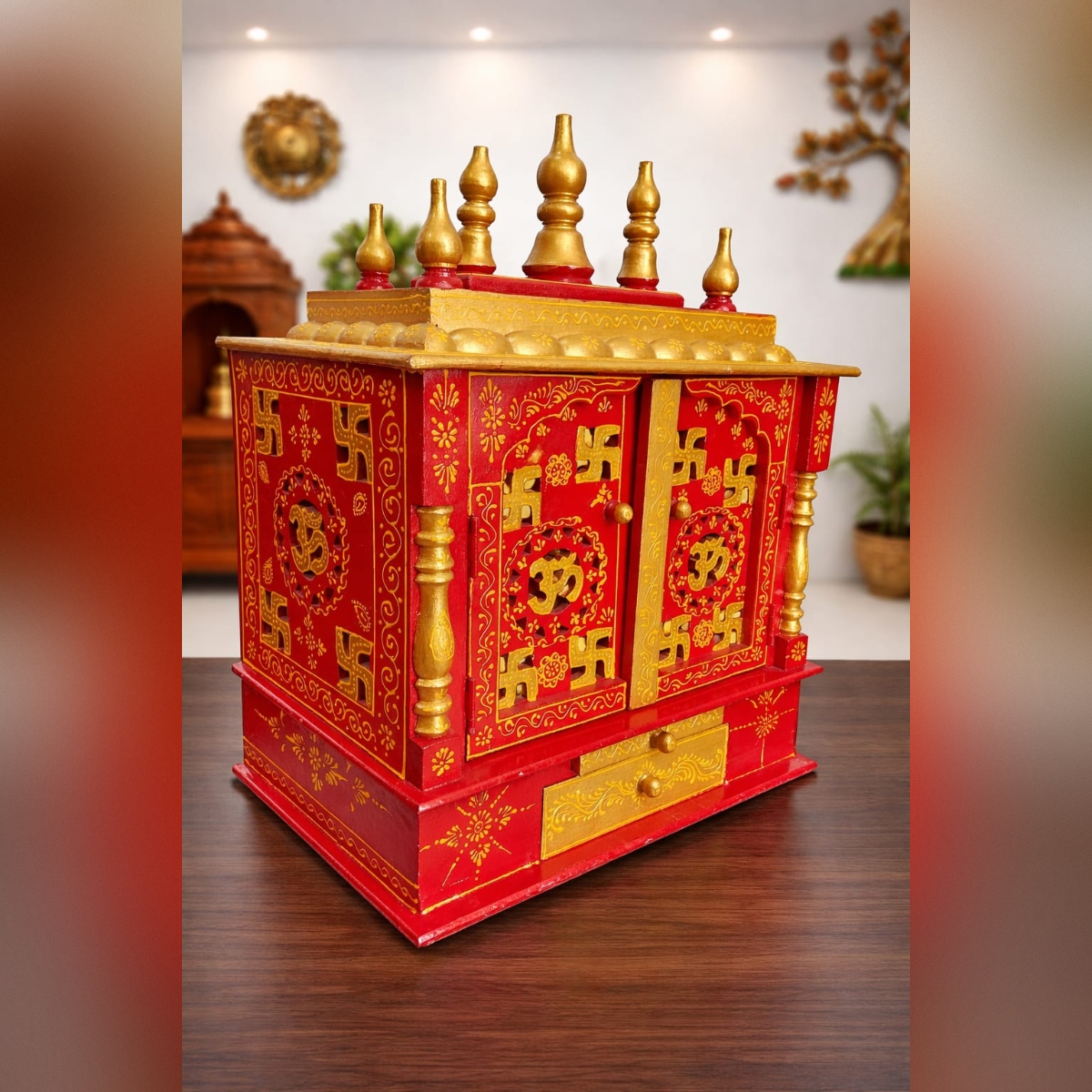 Handcrafted Home Mandir – Vibrant Red & Gold Pooja Temple with Storage Drawer - Image 3