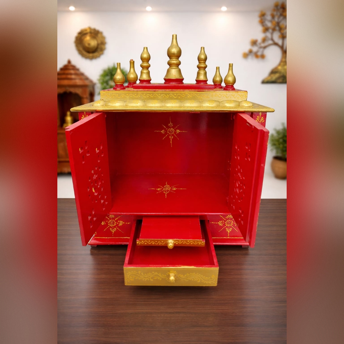 Handcrafted Home Mandir – Vibrant Red & Gold Pooja Temple with Storage Drawer - Image 2