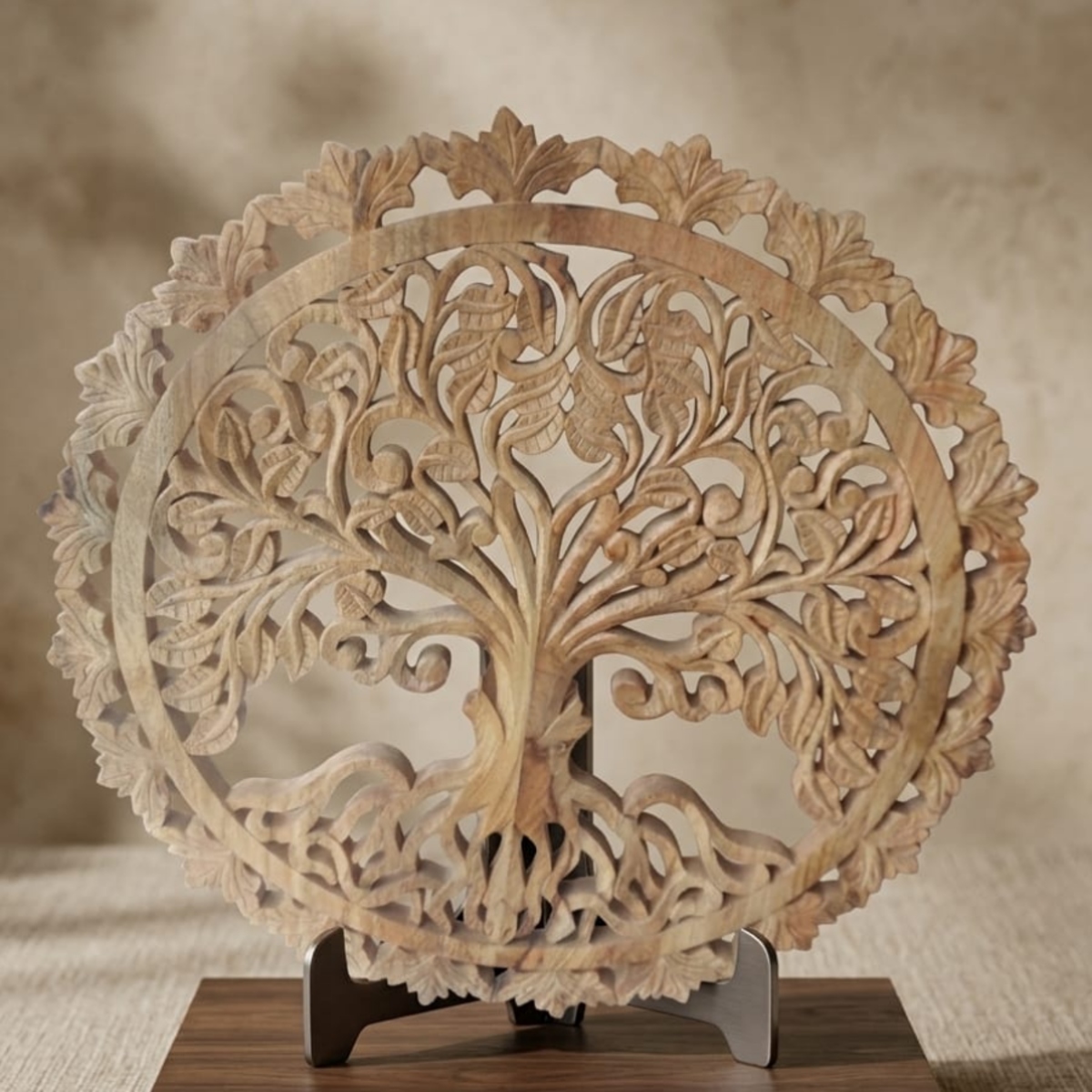 Round Tree of Life Hand-Carved Wood Wall Art - Image 3