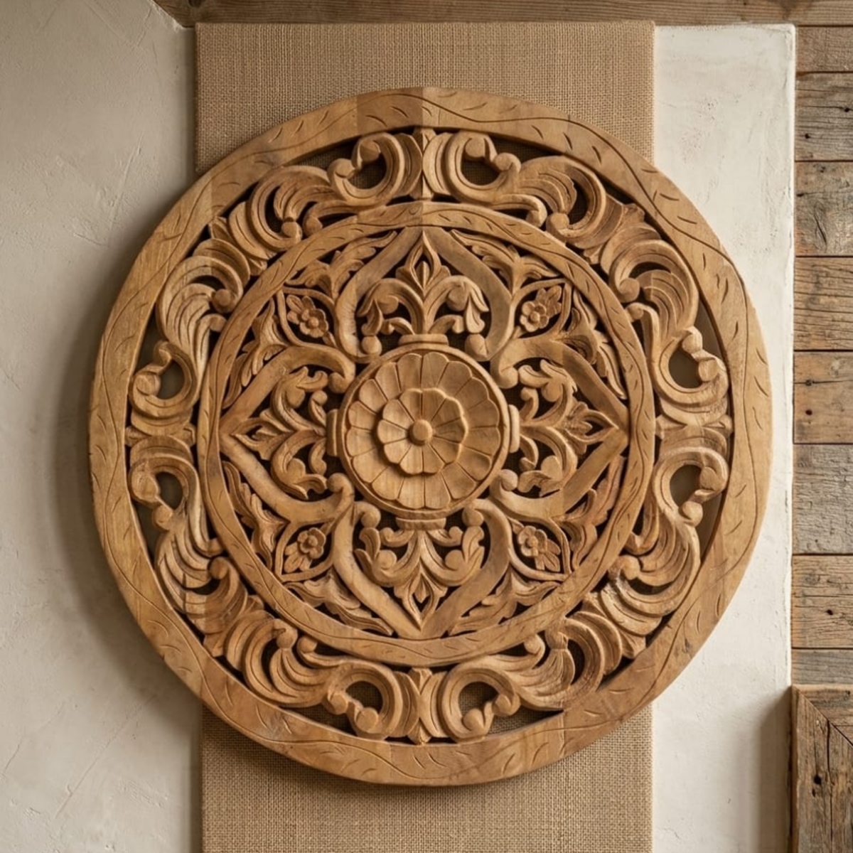 Hand-Carved Round Wooden Wall Art