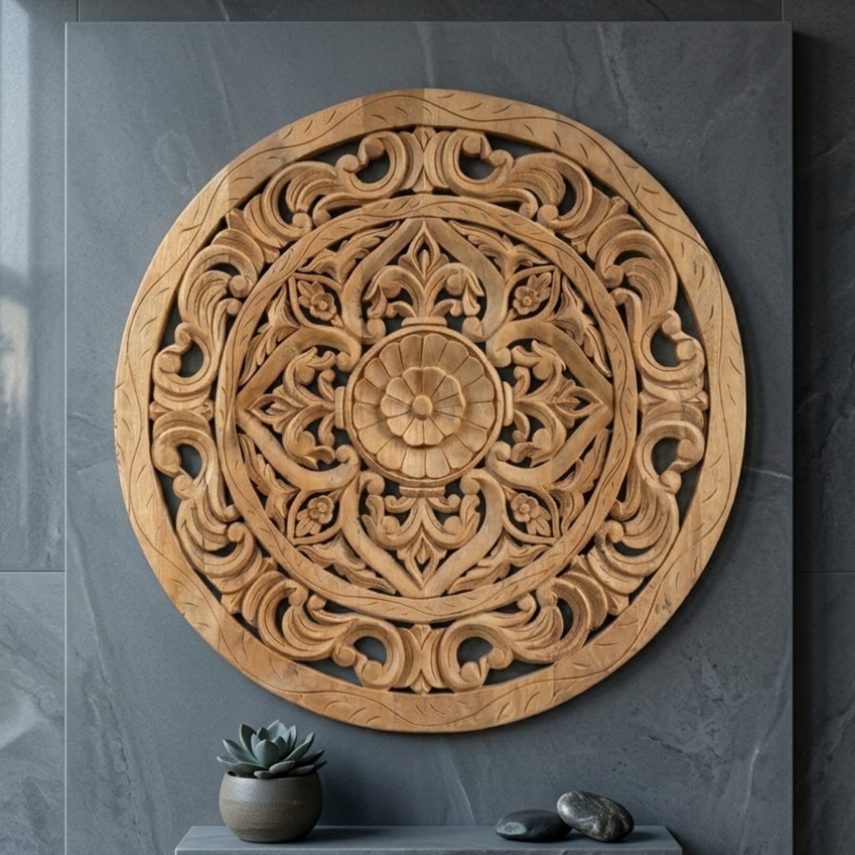 Hand-Carved Round Wooden Wall Art - Image 2