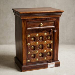 Antique Brass Studded Solid Wood Bedside Table