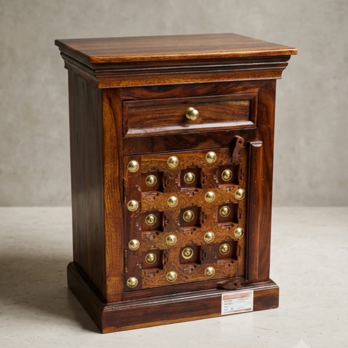 Antique Brass Studded Solid Wood Bedside Table