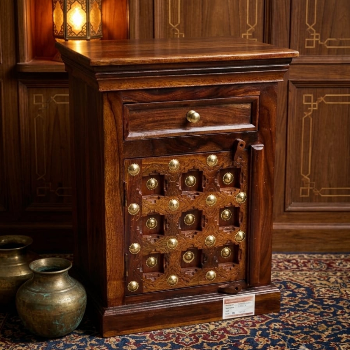 Antique Brass Studded Solid Wood Bedside Table - Image 2