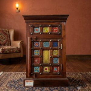 Handcrafted Solid Wood Side Cabinet with Ceramic Tile Inlay