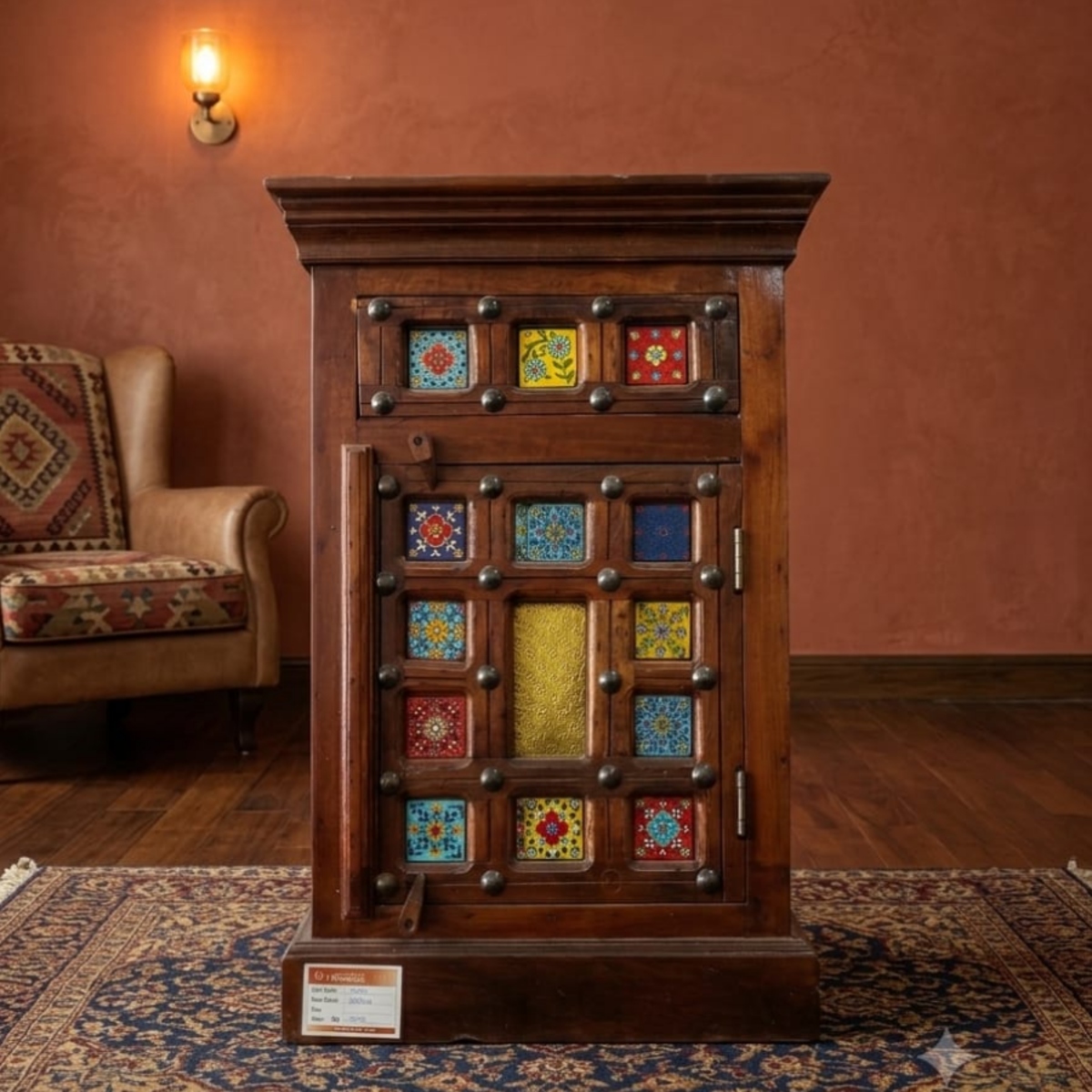 Handcrafted Solid Wood Side Cabinet with Ceramic Tile Inlay