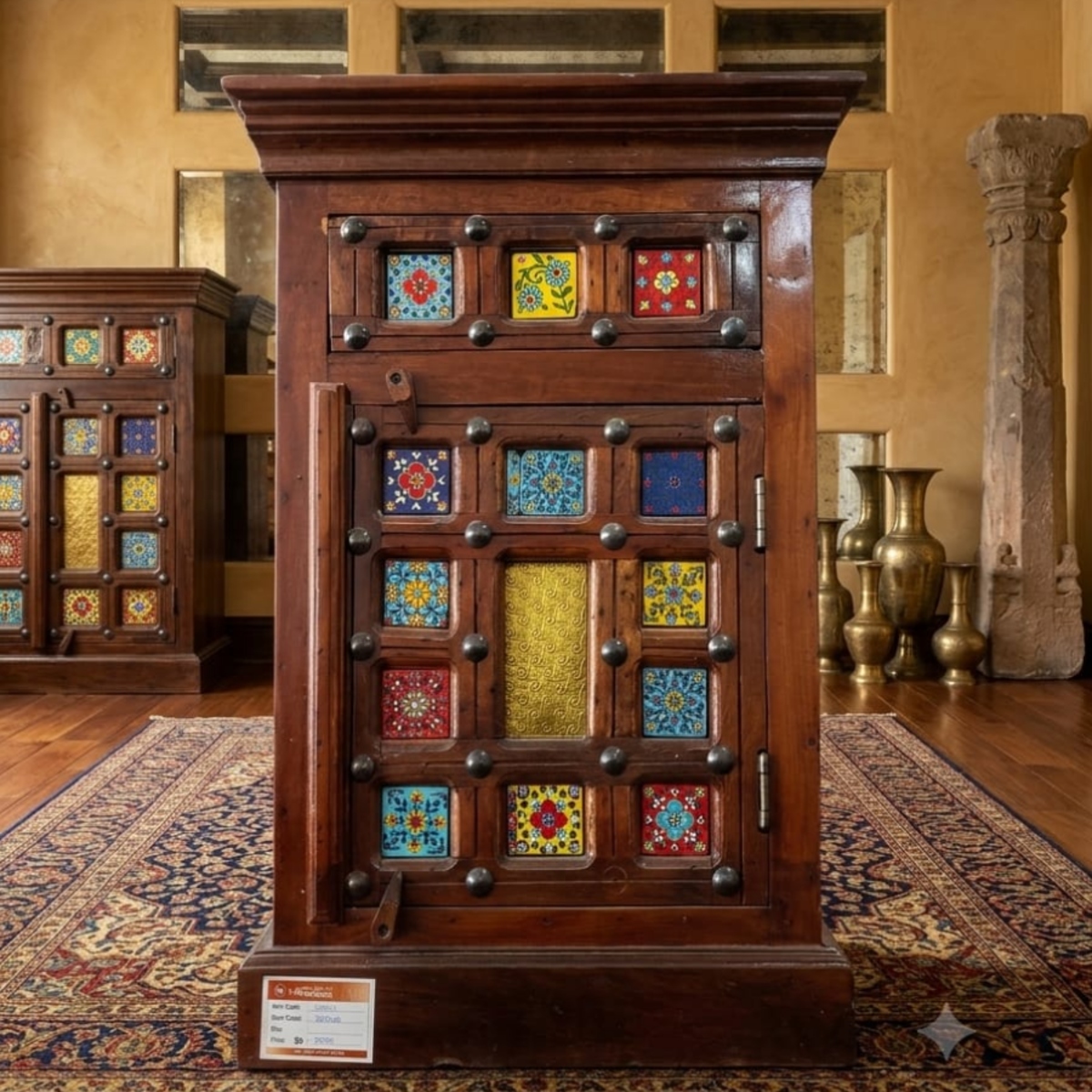 Handcrafted Solid Wood Side Cabinet with Ceramic Tile Inlay - Image 2