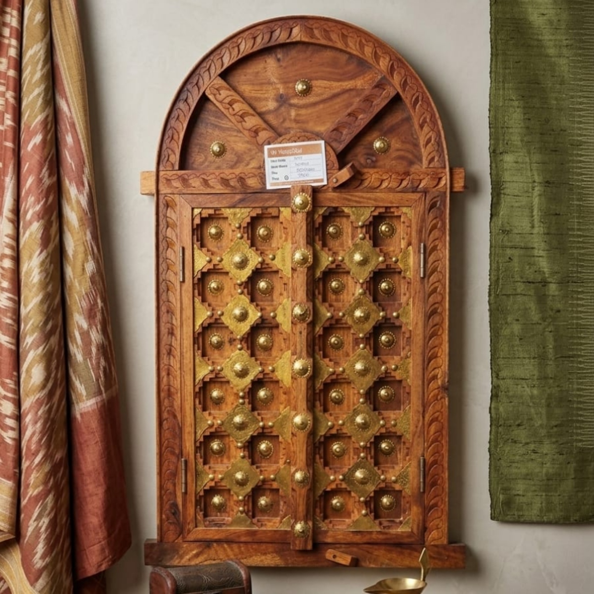 Traditional Arched Solid Wood Wall Panel with Antique Brass Studs