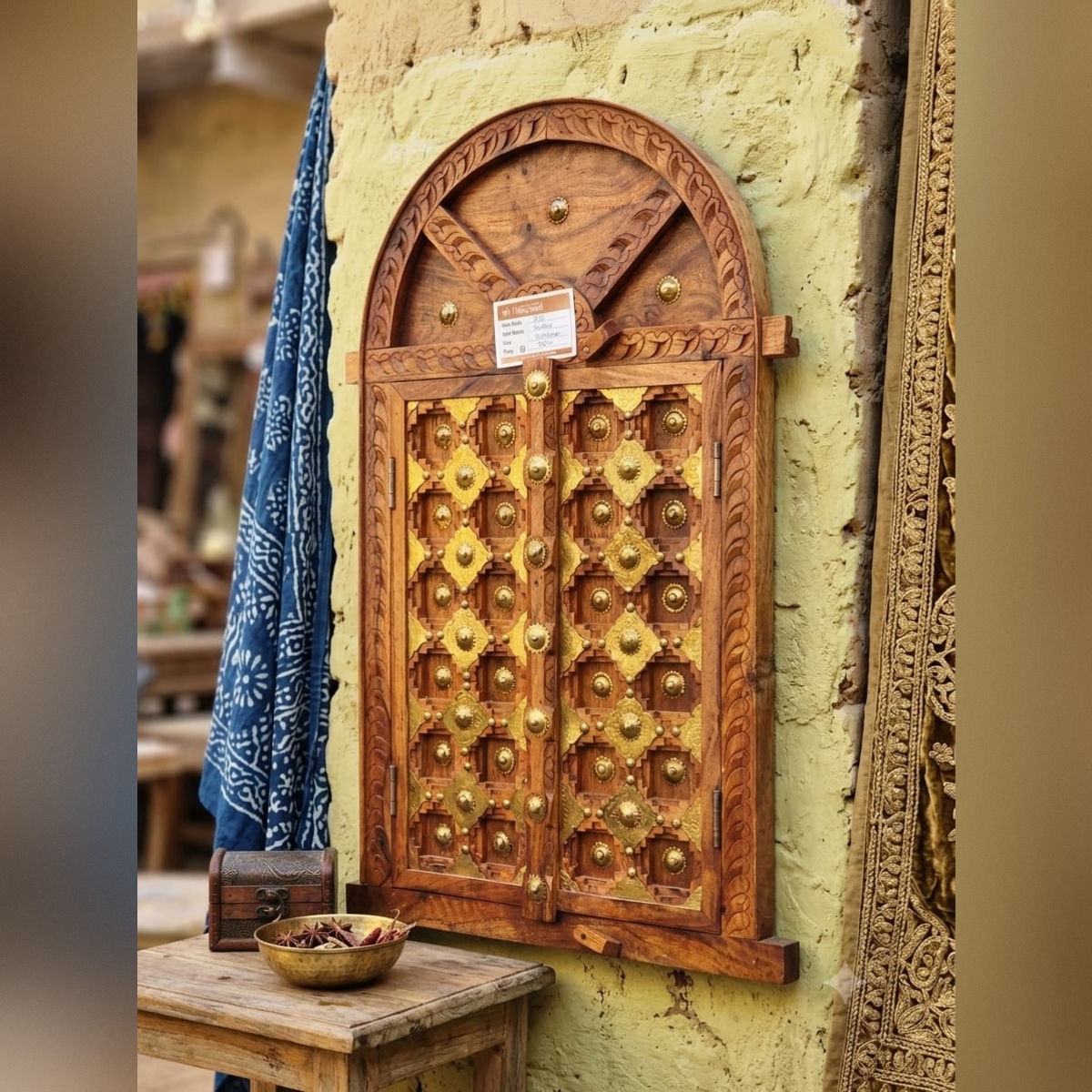 Traditional Arched Solid Wood Wall Panel with Antique Brass Studs - Image 2