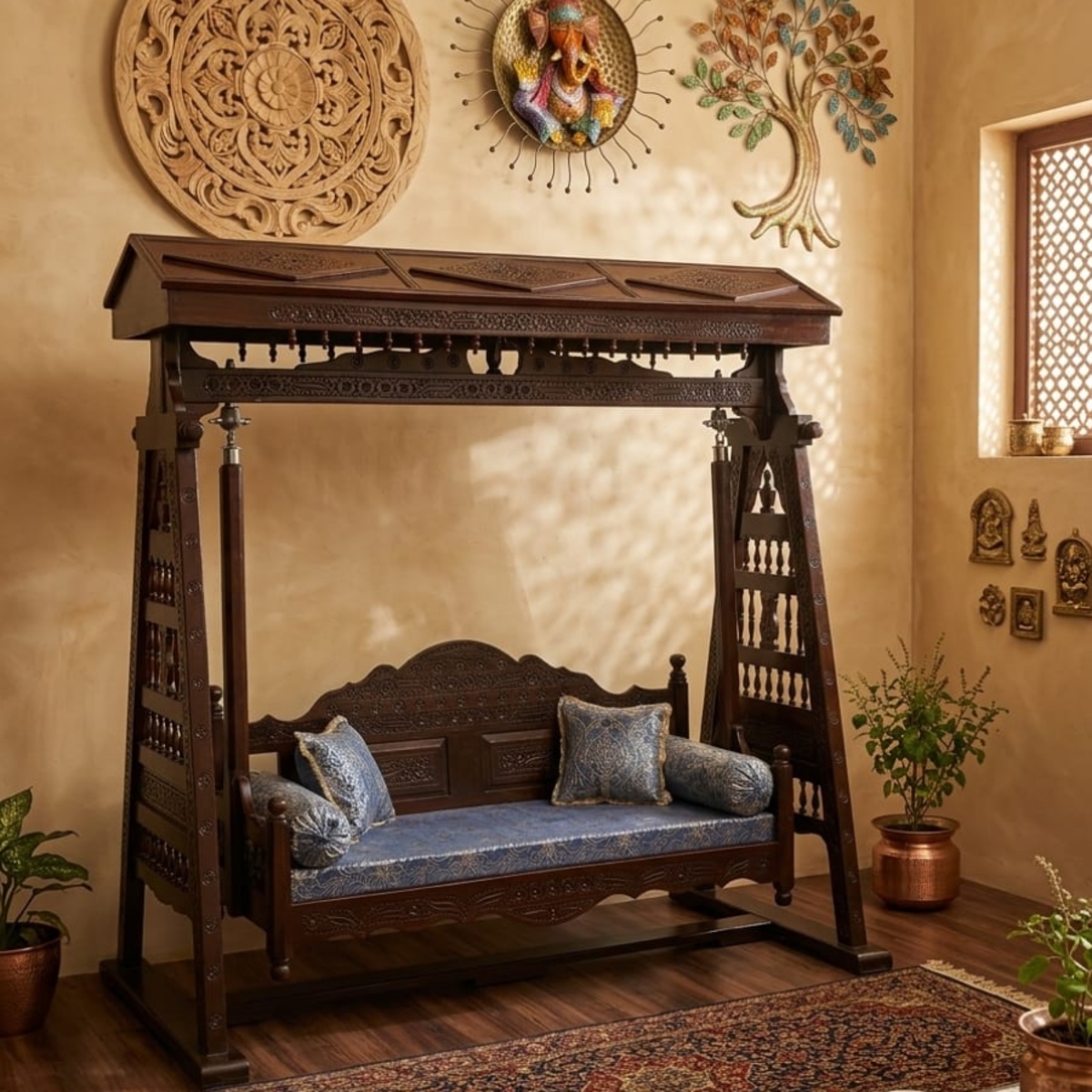 Hand-Carved Solid Wood Swing