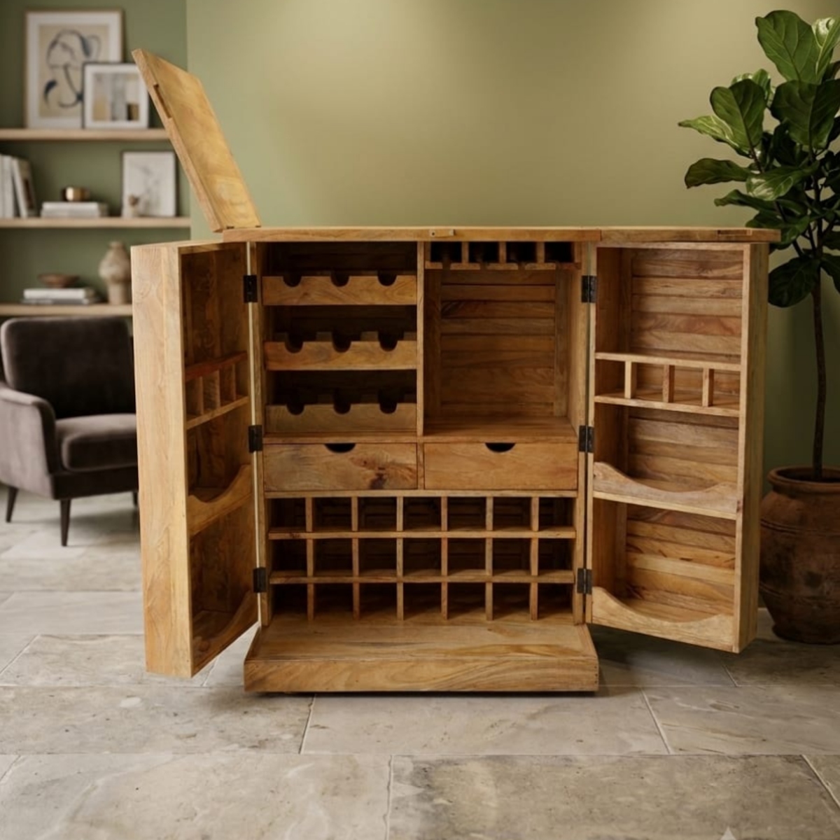 Premium Solid Wood Fold-Out Bar & Wine Cabinet - Image 5
