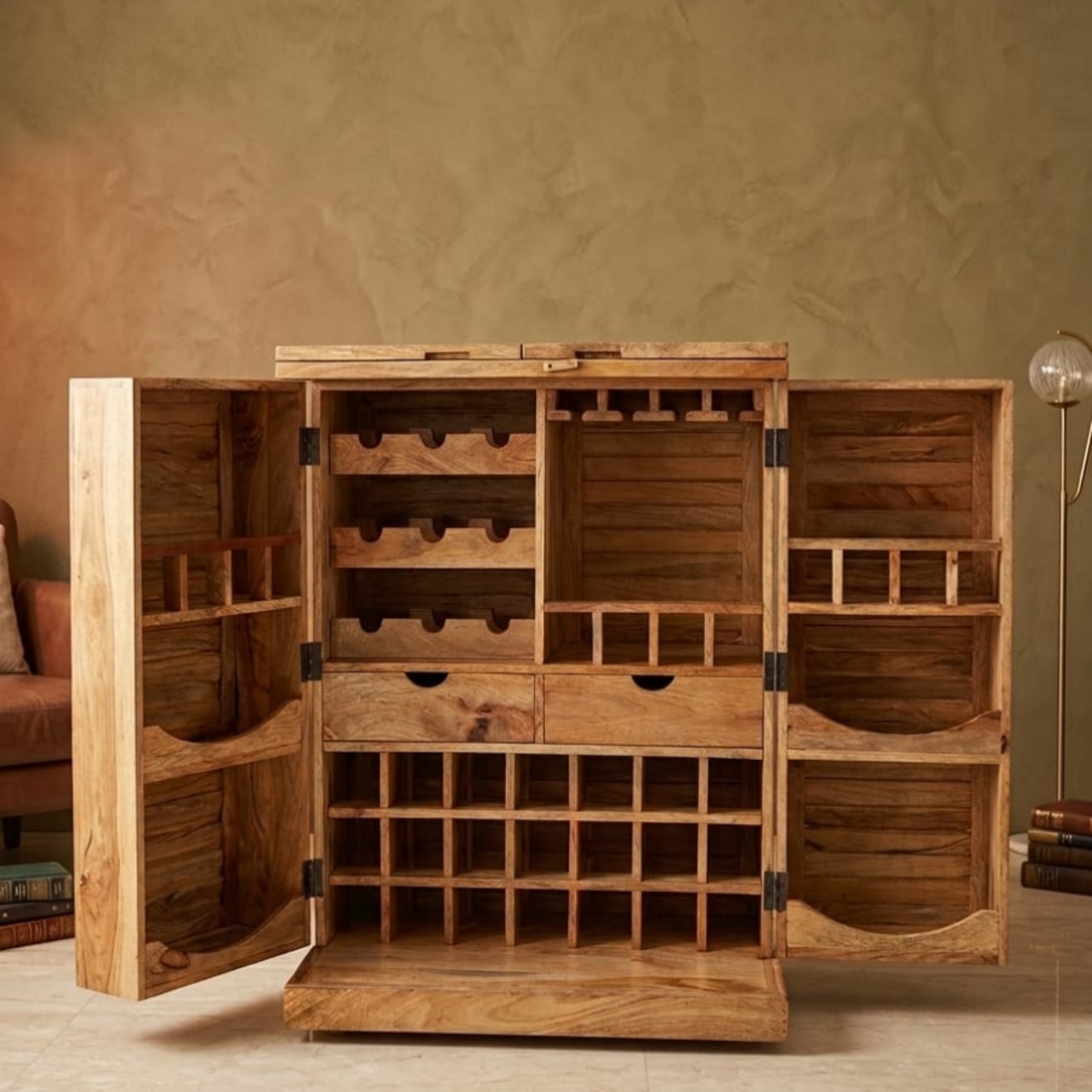 Premium Solid Wood Fold-Out Bar & Wine Cabinet - Image 4