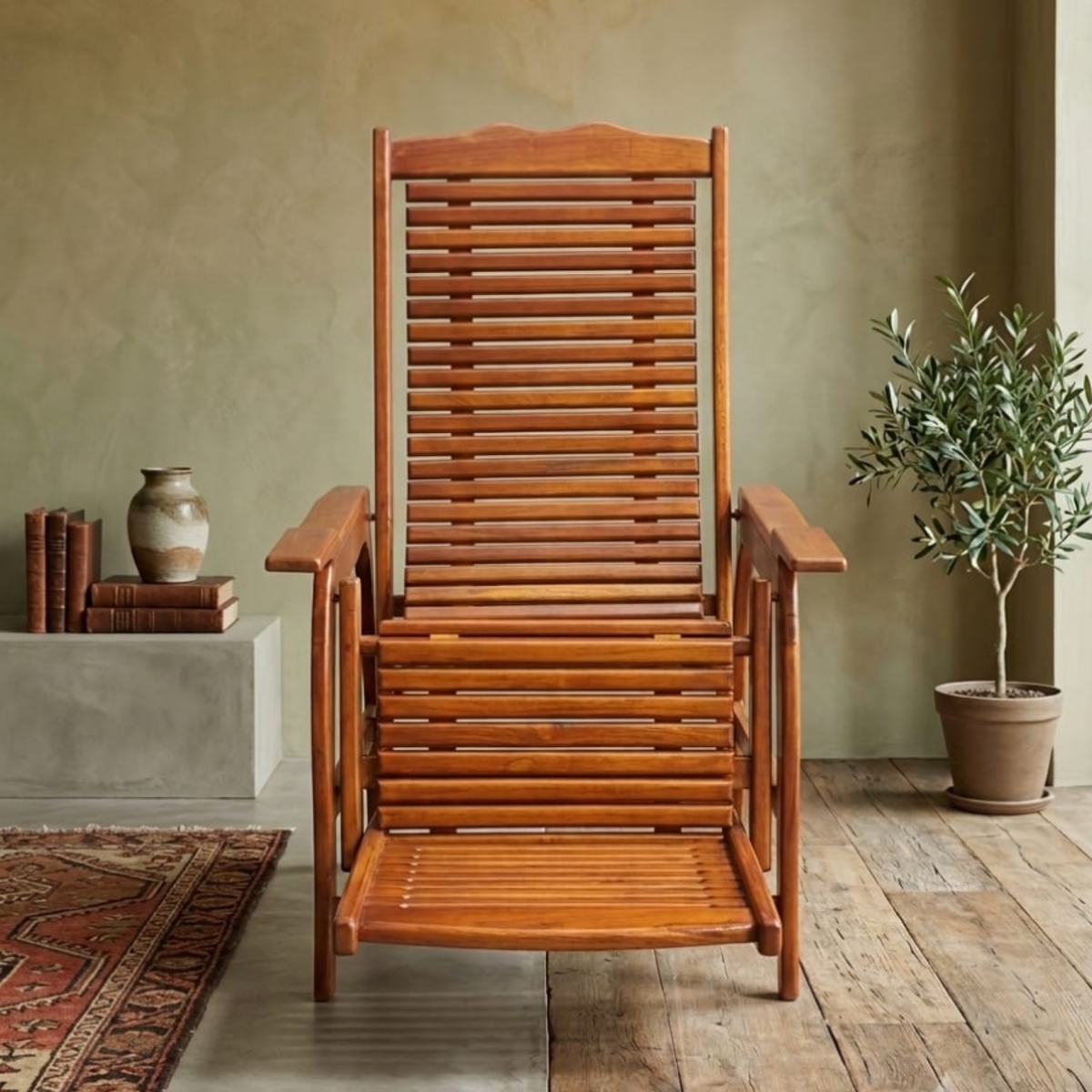 Premium Handcrafted Solid Wood Slatted Lounge Chair - Image 2