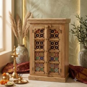 Handcrafted Solid Wood Home Temple Cabinet with Brass Bells & Hand-Painted Tiles