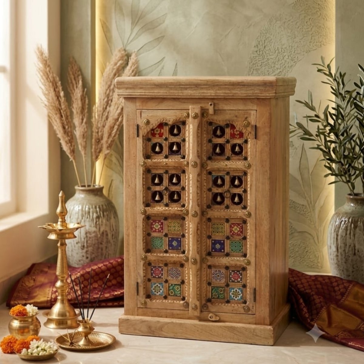 Handcrafted Solid Wood Home Temple Cabinet with Brass Bells & Hand-Painted Tiles