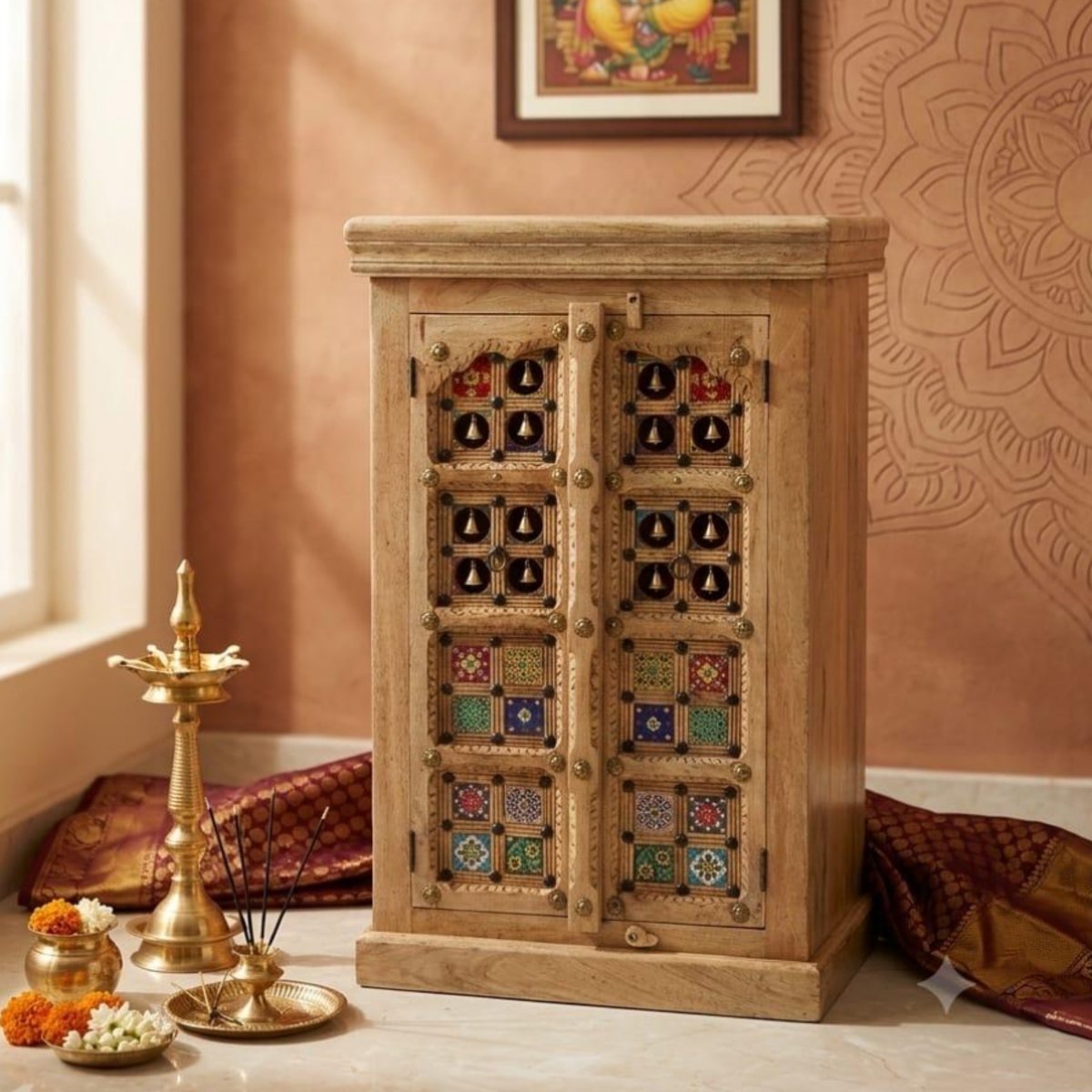 Handcrafted Solid Wood Home Temple Cabinet with Brass Bells & Hand-Painted Tiles - Image 2