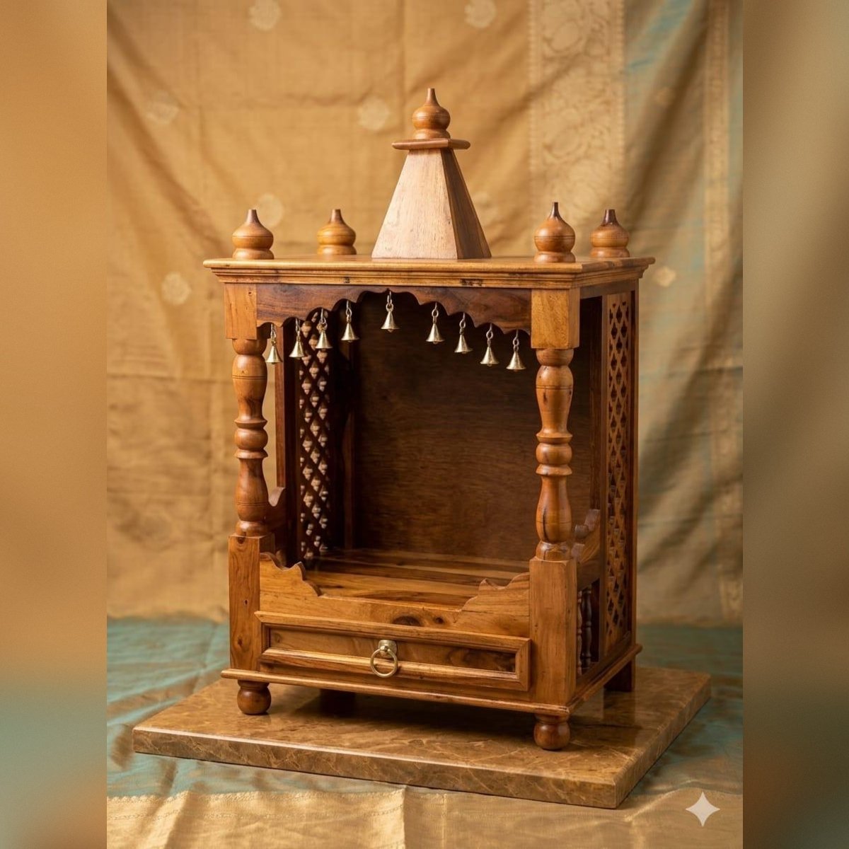 Handcrafted Sheesham Wood Home Temple with Brass Bells & Storage Drawer - Image 3