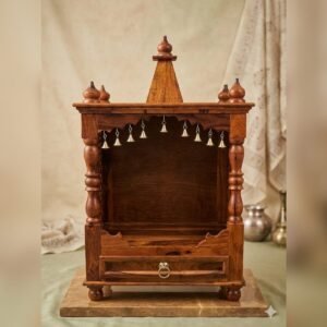 Handcrafted Sheesham Wood Home Temple with Brass Bells & Storage Drawer