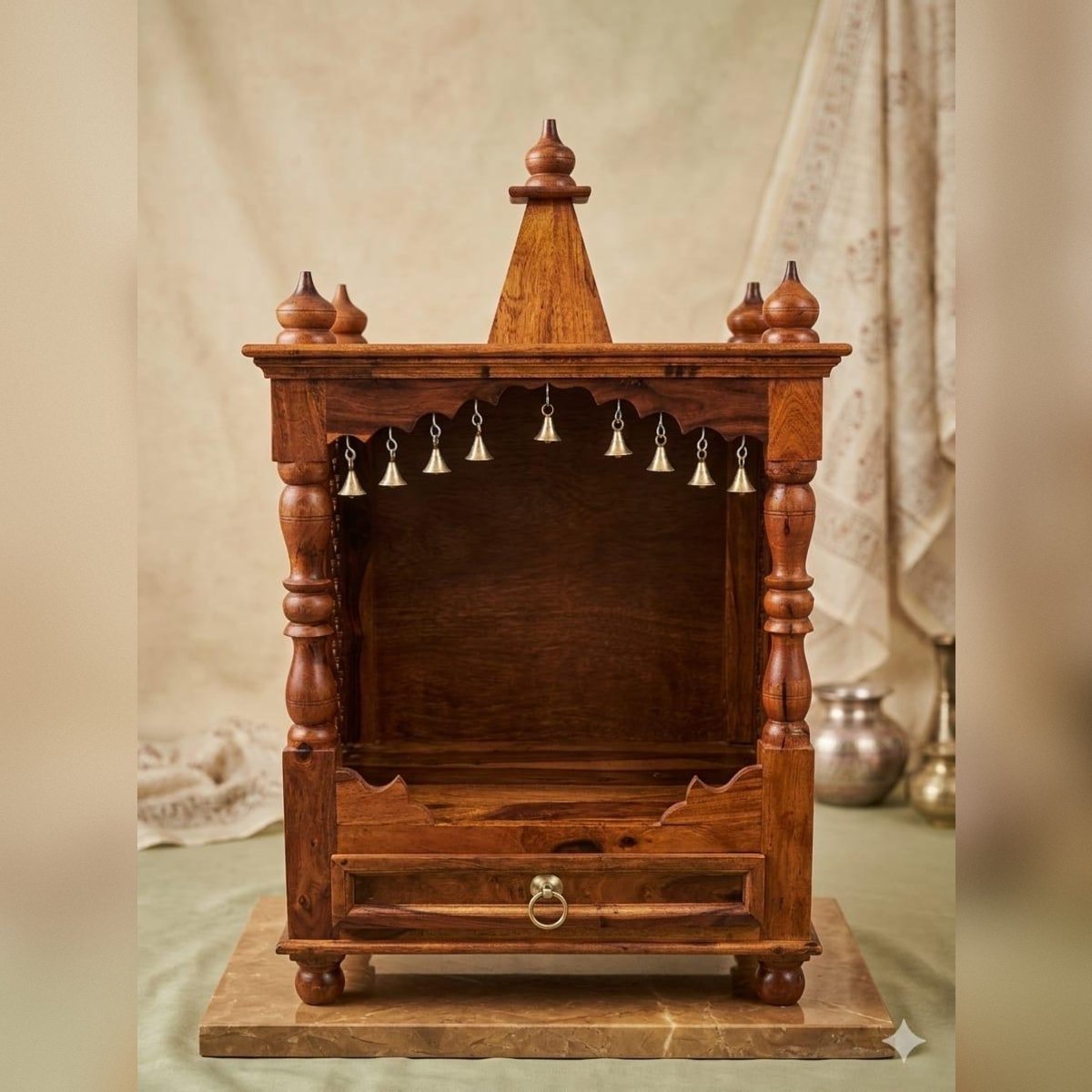Handcrafted Sheesham Wood Home Temple with Brass Bells & Storage Drawer