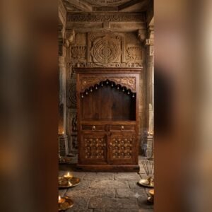 Handcrafted Solid Wood Home Temple with Brass Bells & Storage Cabinet