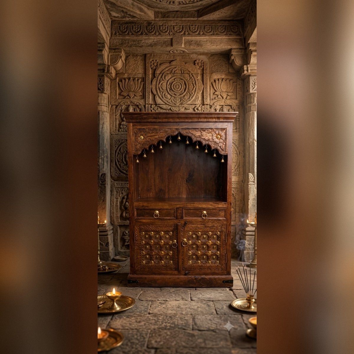 Handcrafted Solid Wood Home Temple with Brass Bells & Storage Cabinet