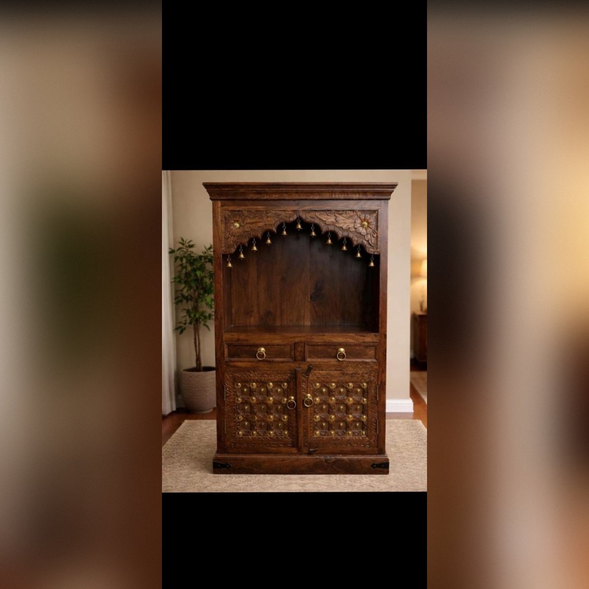 Handcrafted Solid Wood Home Temple with Brass Bells & Storage Cabinet - Image 3
