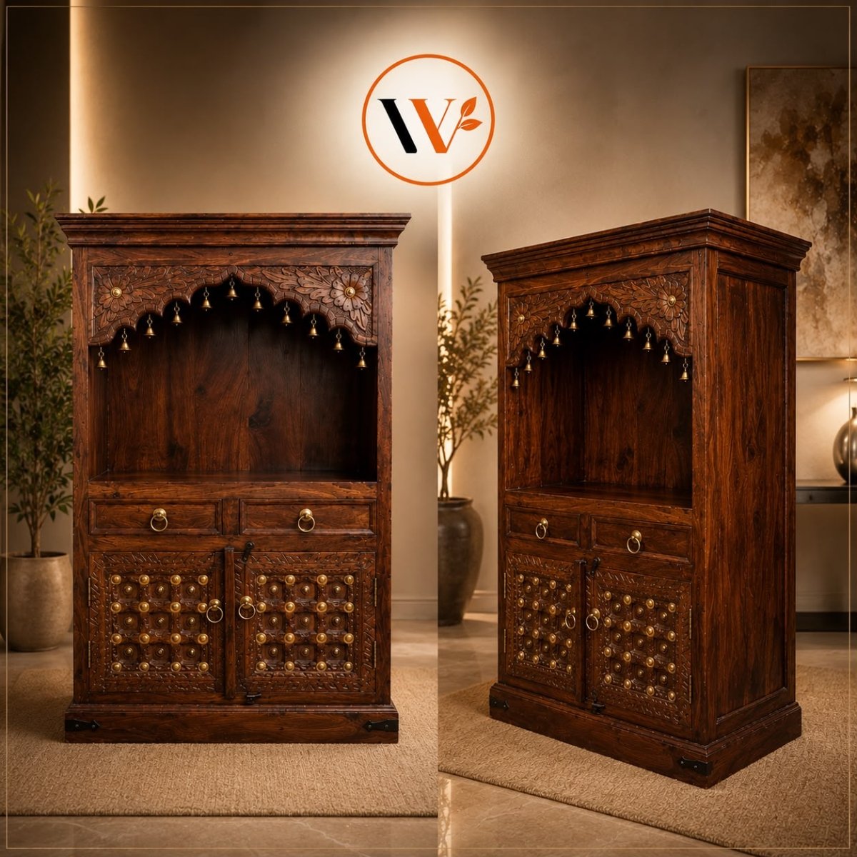 Handcrafted Solid Wood Home Temple with Brass Bells & Storage Cabinet - Image 2