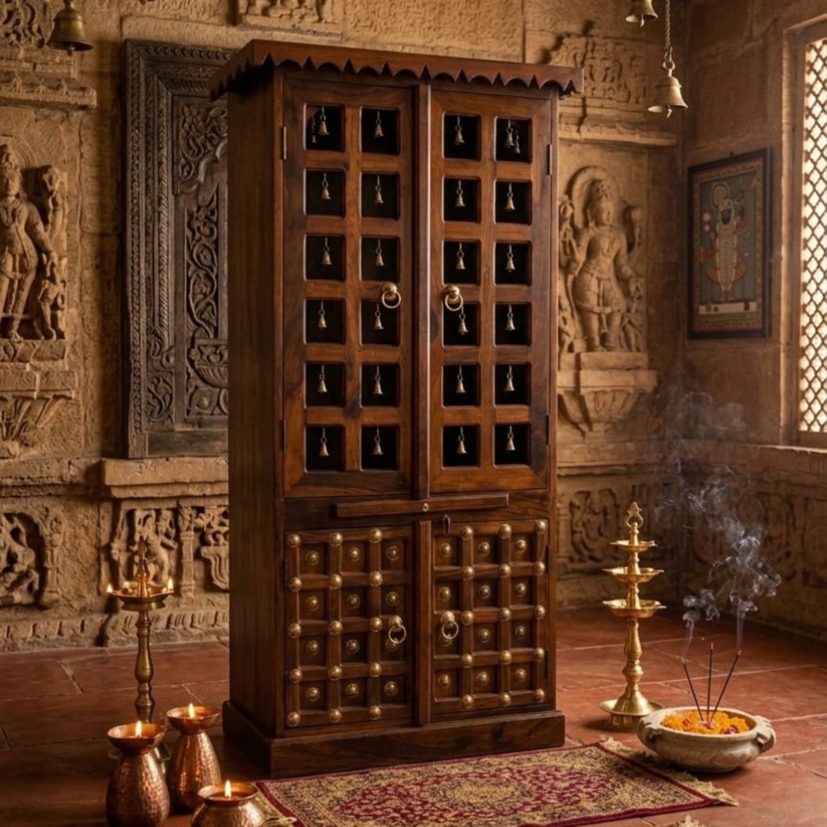 Handcrafted Sheesham Wood Temple with Brass Bells & Studs - Image 3