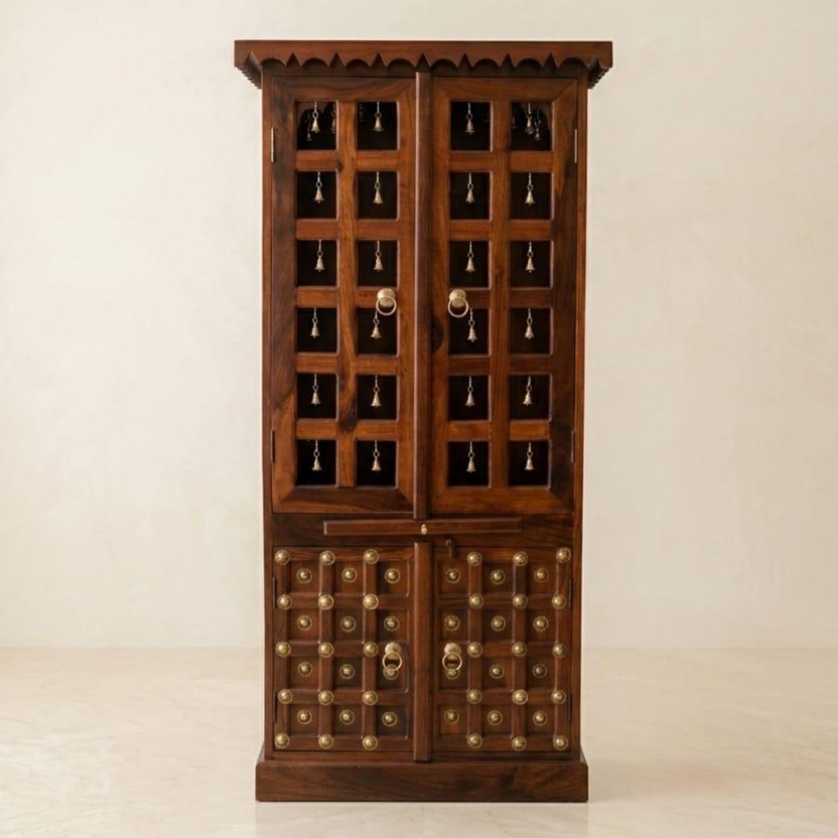 Handcrafted Sheesham Wood Temple with Brass Bells & Studs