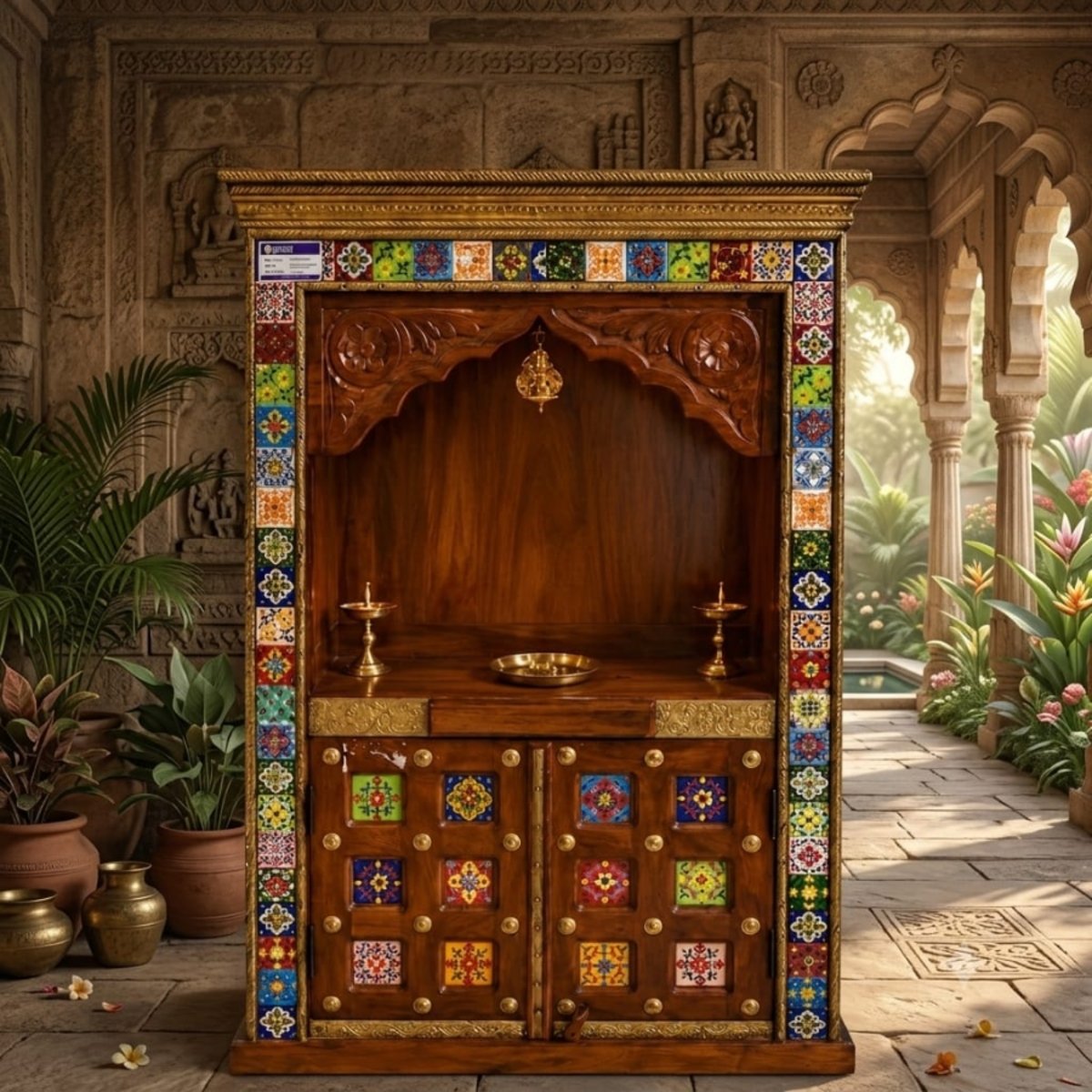 Hand-Carved Solid Wood Home Temple with Traditional Ceramic Tiles - Image 3
