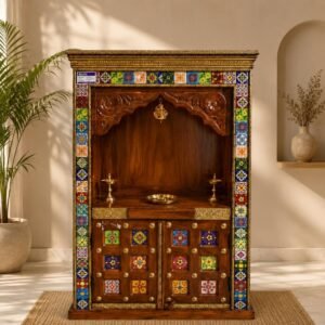 Hand-Carved Solid Wood Home Temple with Traditional Ceramic Tiles