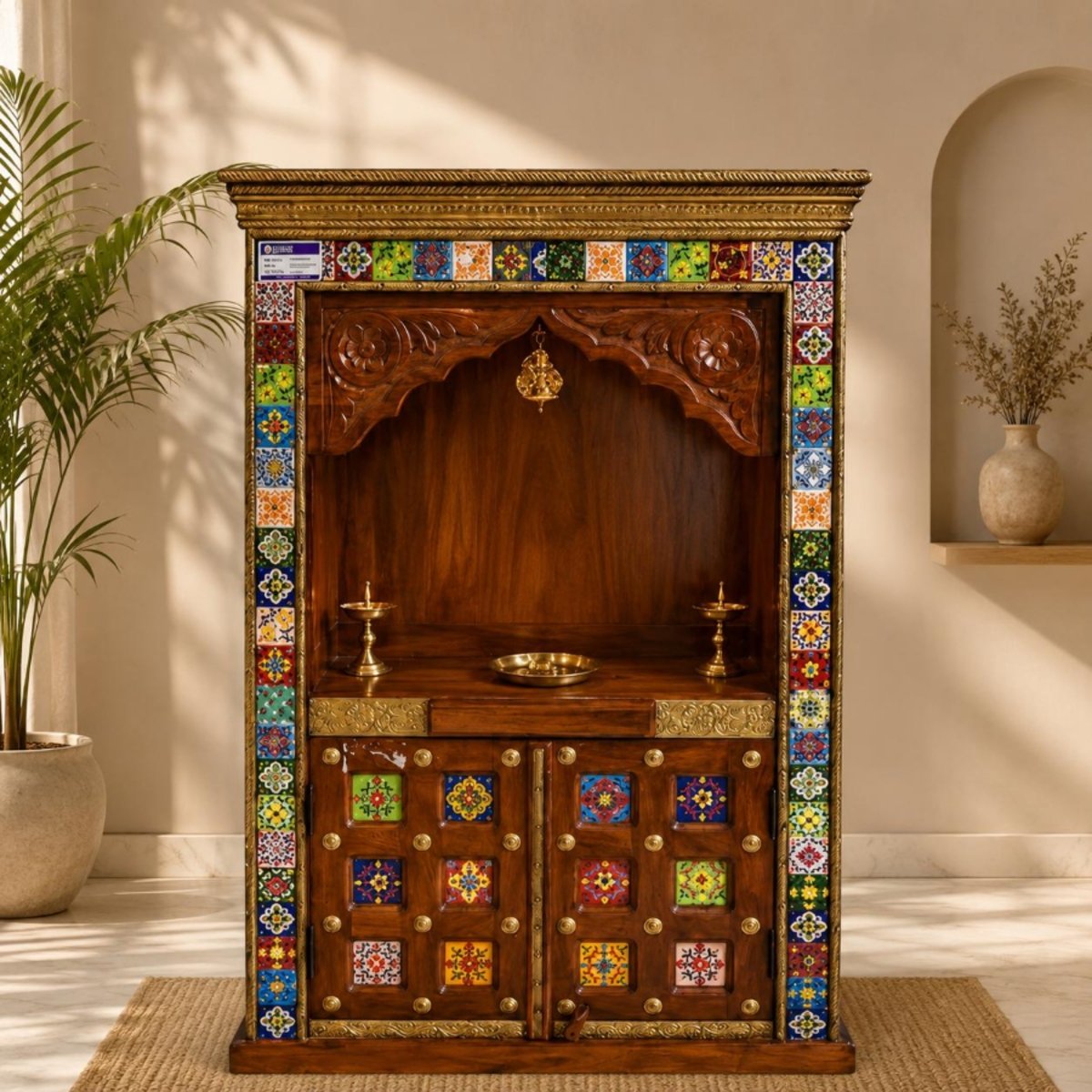 Hand-Carved Solid Wood Home Temple with Traditional Ceramic Tiles