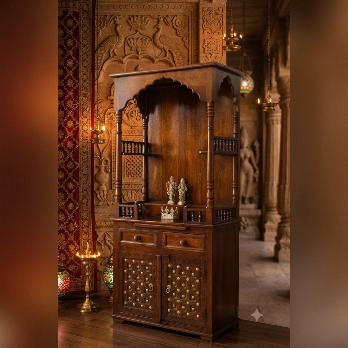 Solid Wood Pooja Mandir with Storage Drawers and Brass Accents - Image 3