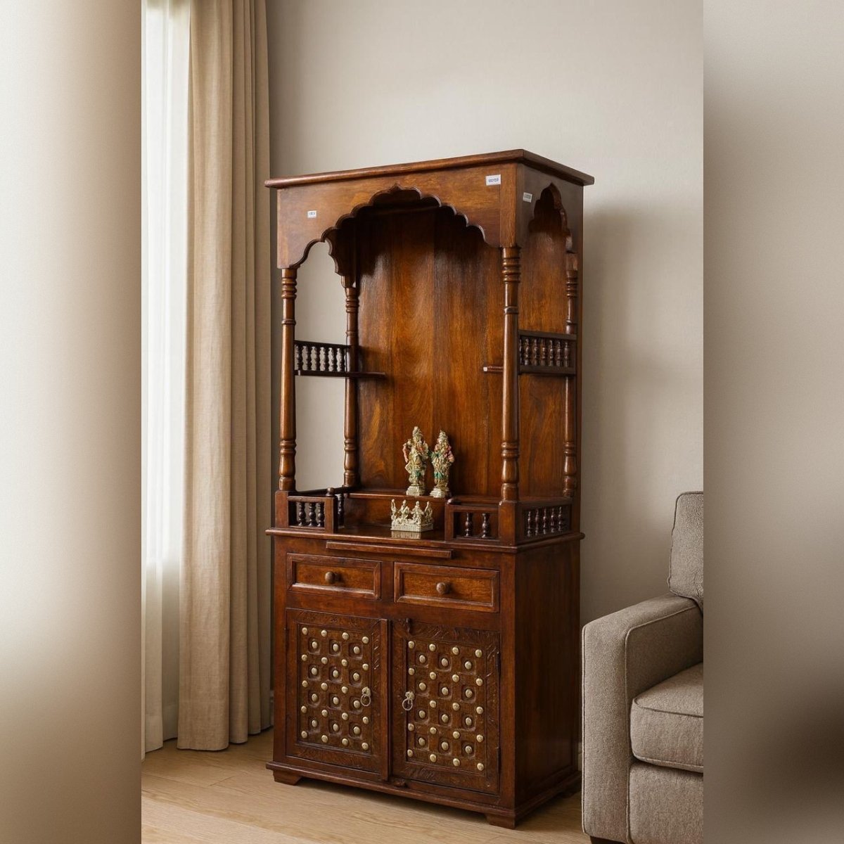 Solid Wood Pooja Mandir with Storage Drawers and Brass Accents