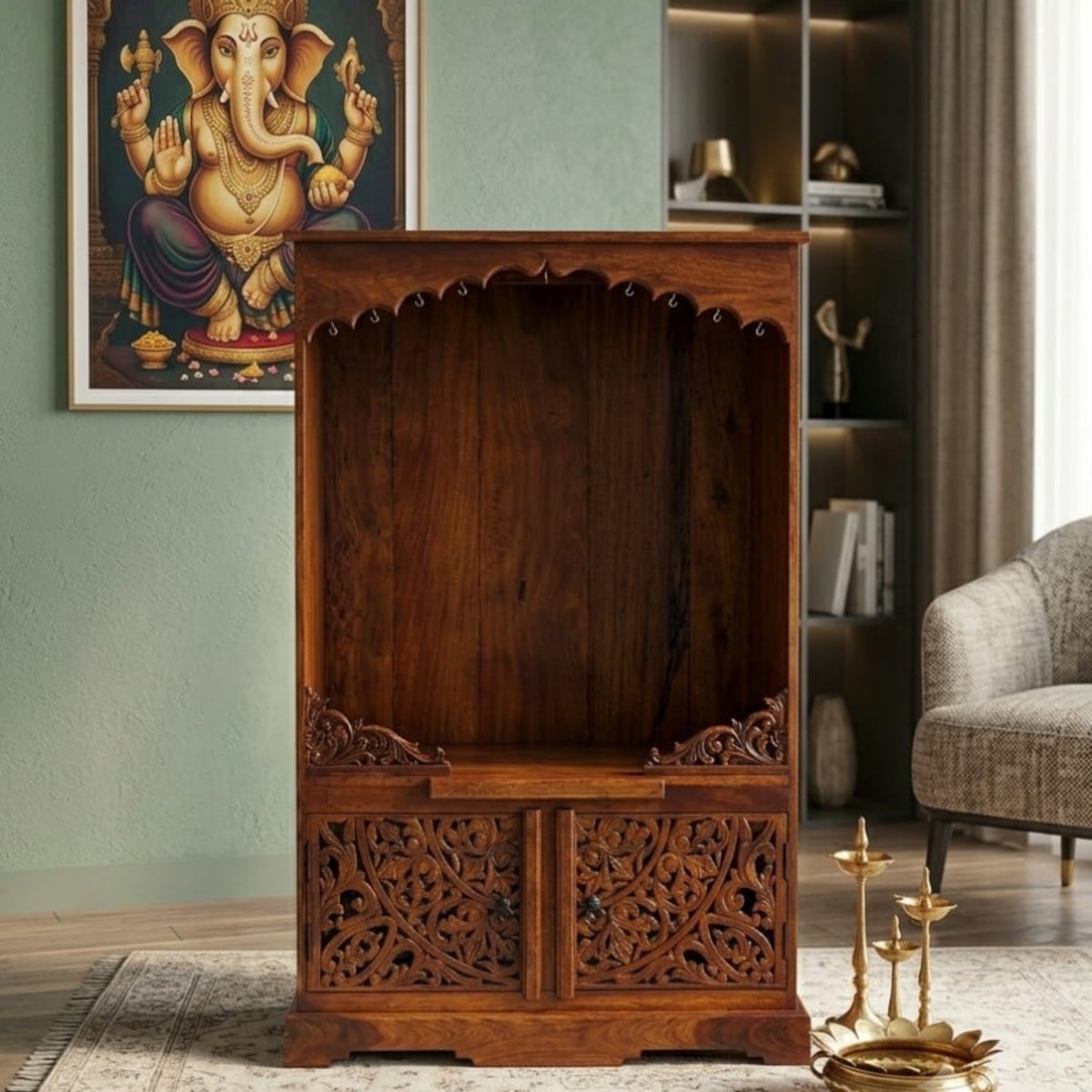 Premium Solid Wood Home Temple with Storage