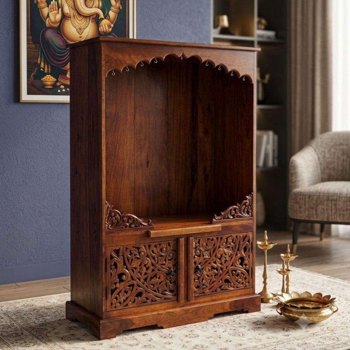 Premium Solid Wood Home Temple with Storage - Image 2