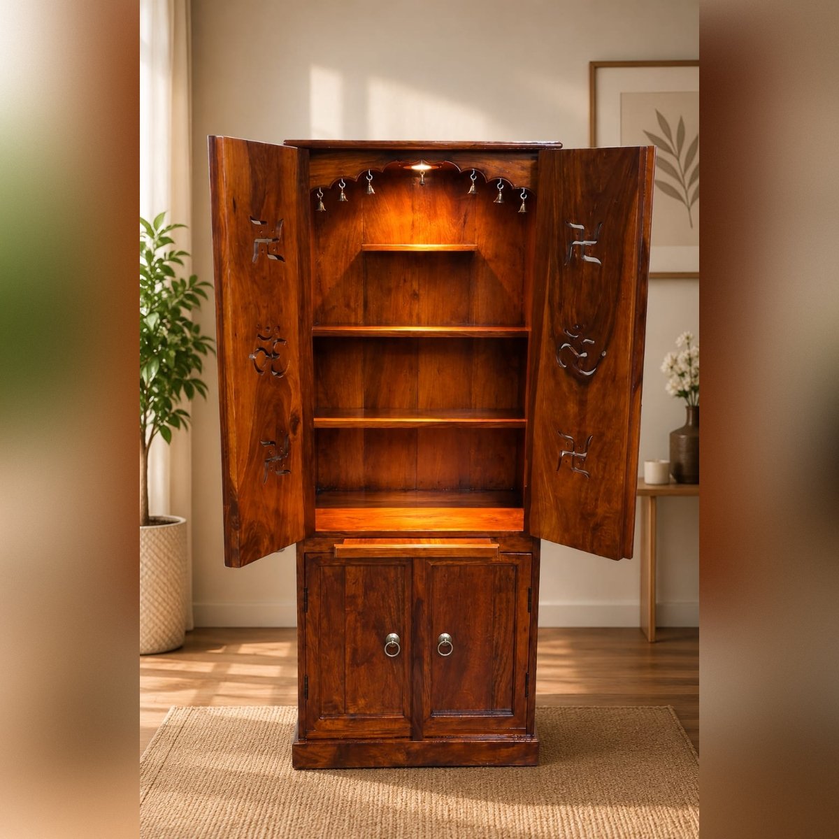 Handcrafted Wooden Pooja Mandir with Storage Cabinet - Image 3