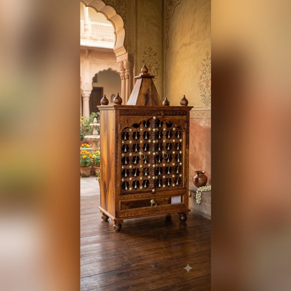 Handcrafted Sheesham Wood Mandir for Home with Brass Bells - Image 3