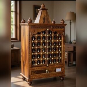 Handcrafted Sheesham Wood Mandir for Home with Brass Bells