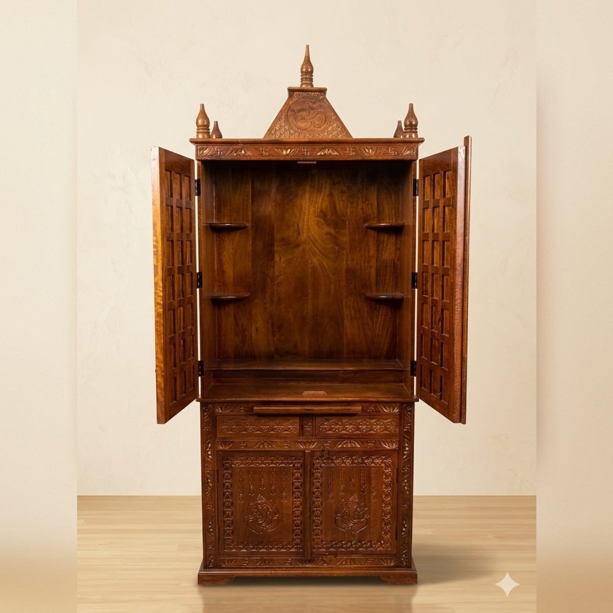 Premium Carved Wooden Temple Cabinet with Storage Drawers - Image 2