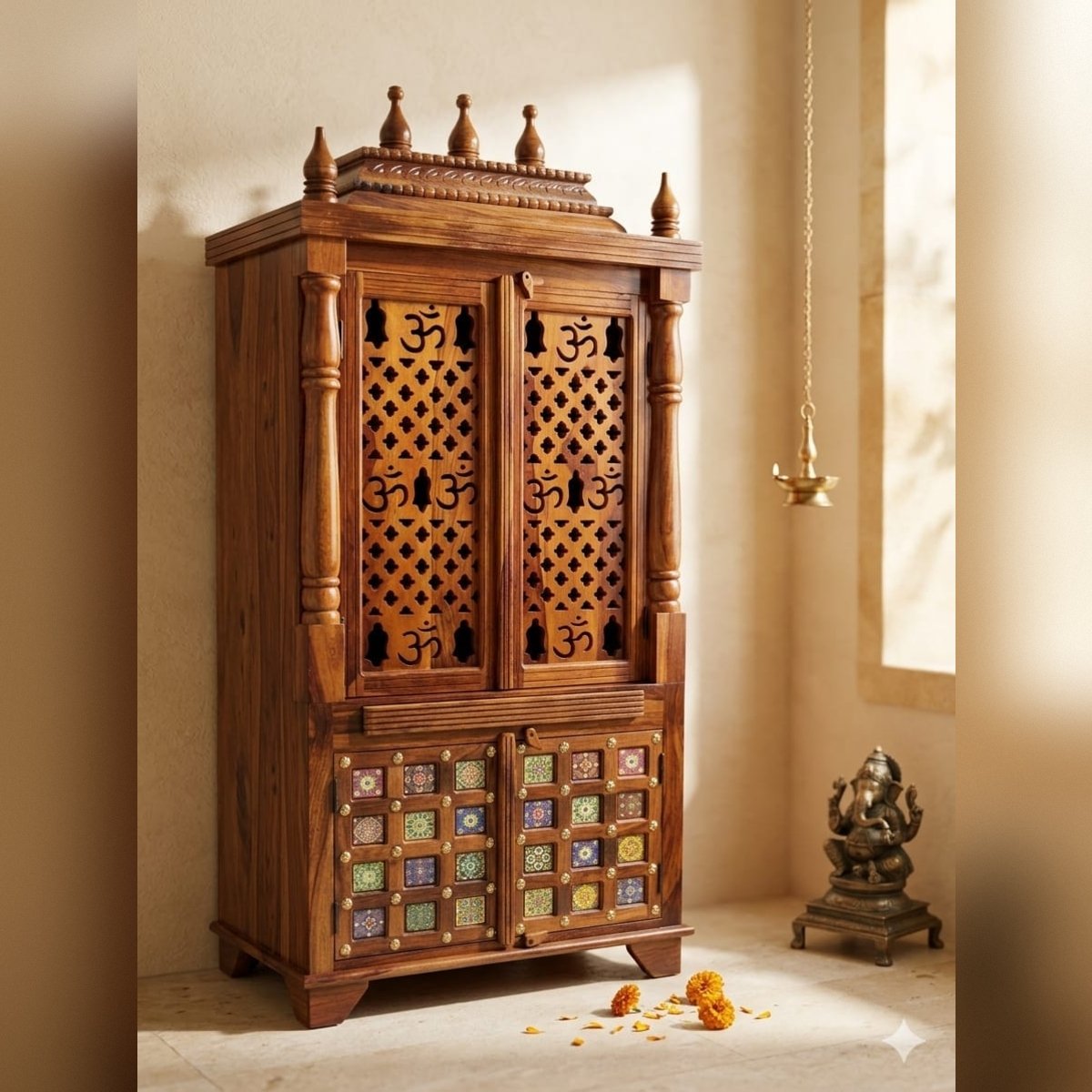 Handcrafted Solid Wood Home Temple with Brass Details & Ceramic Tile Accent - Image 4