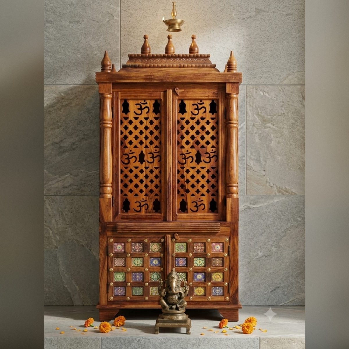 Handcrafted Solid Wood Home Temple with Brass Details & Ceramic Tile Accent