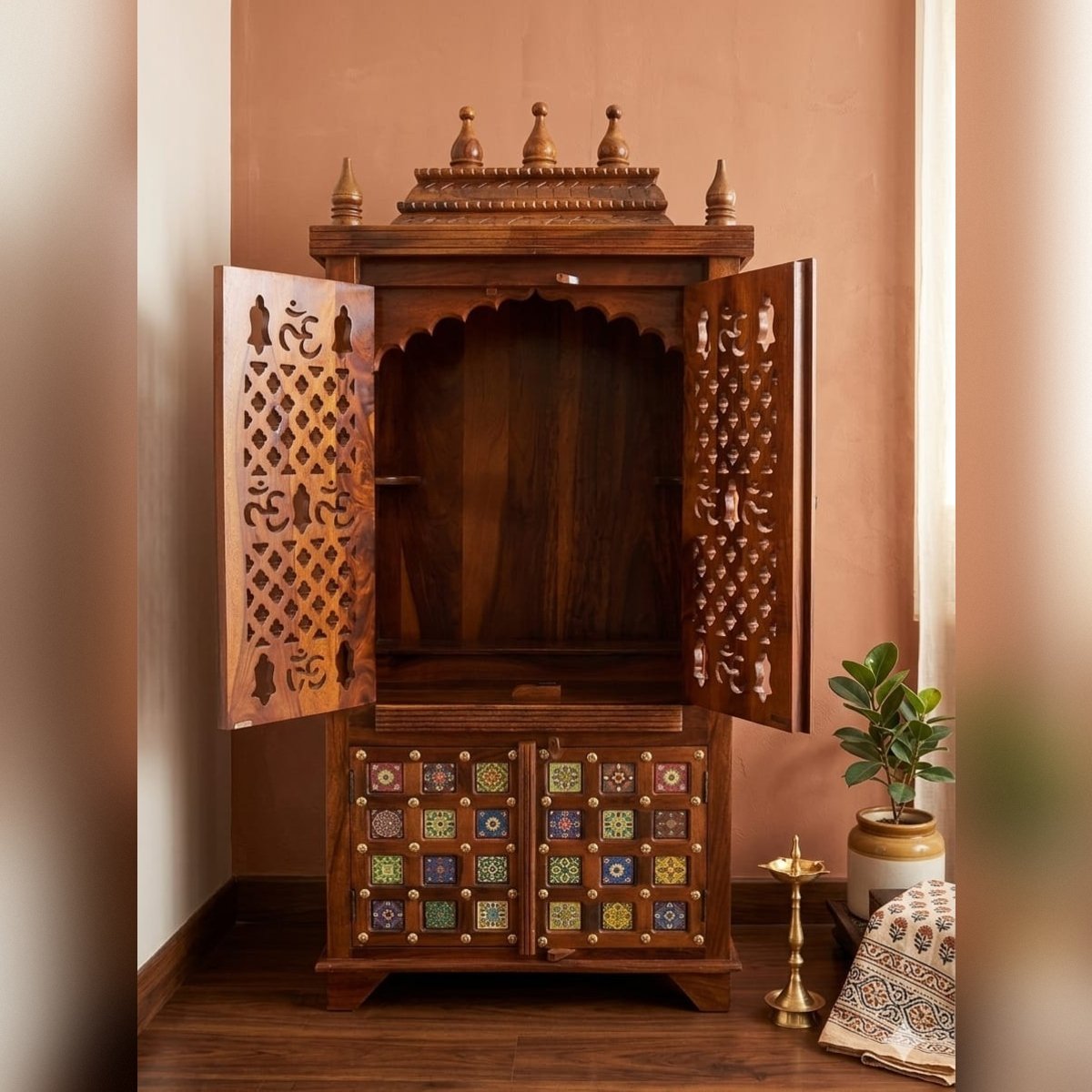 Handcrafted Solid Wood Home Temple with Brass Details & Ceramic Tile Accent - Image 2
