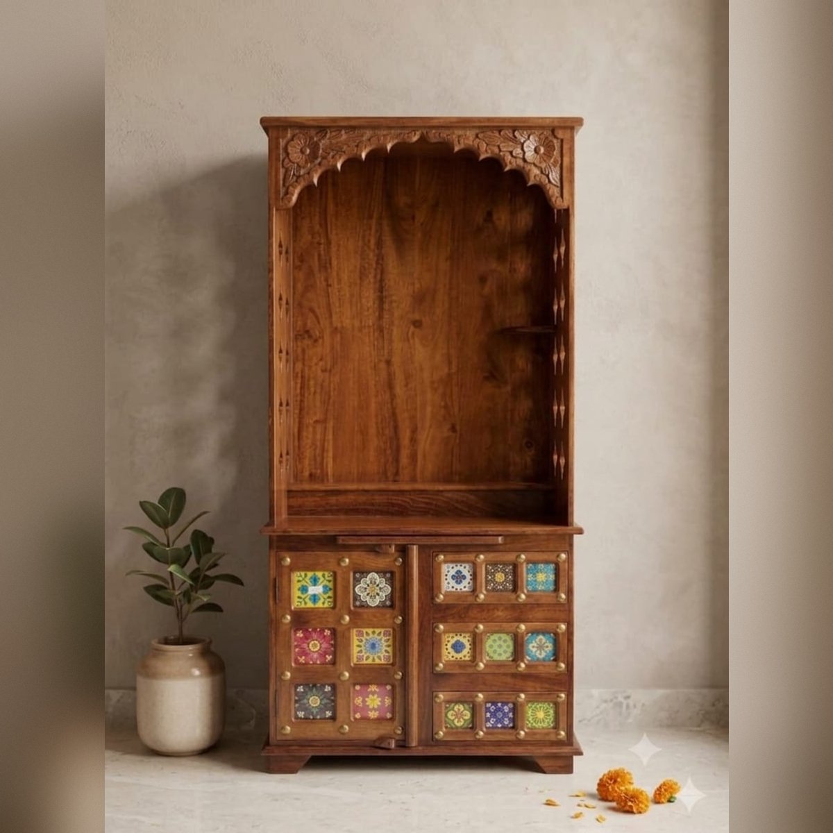 Handcrafted Open Solid Wood Home Temple with Carved Arch & Ceramic Tile Cabinet - Image 3