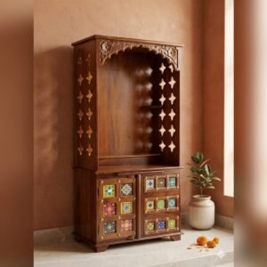 Handcrafted Open Solid Wood Home Temple with Carved Arch & Ceramic Tile Cabinet
