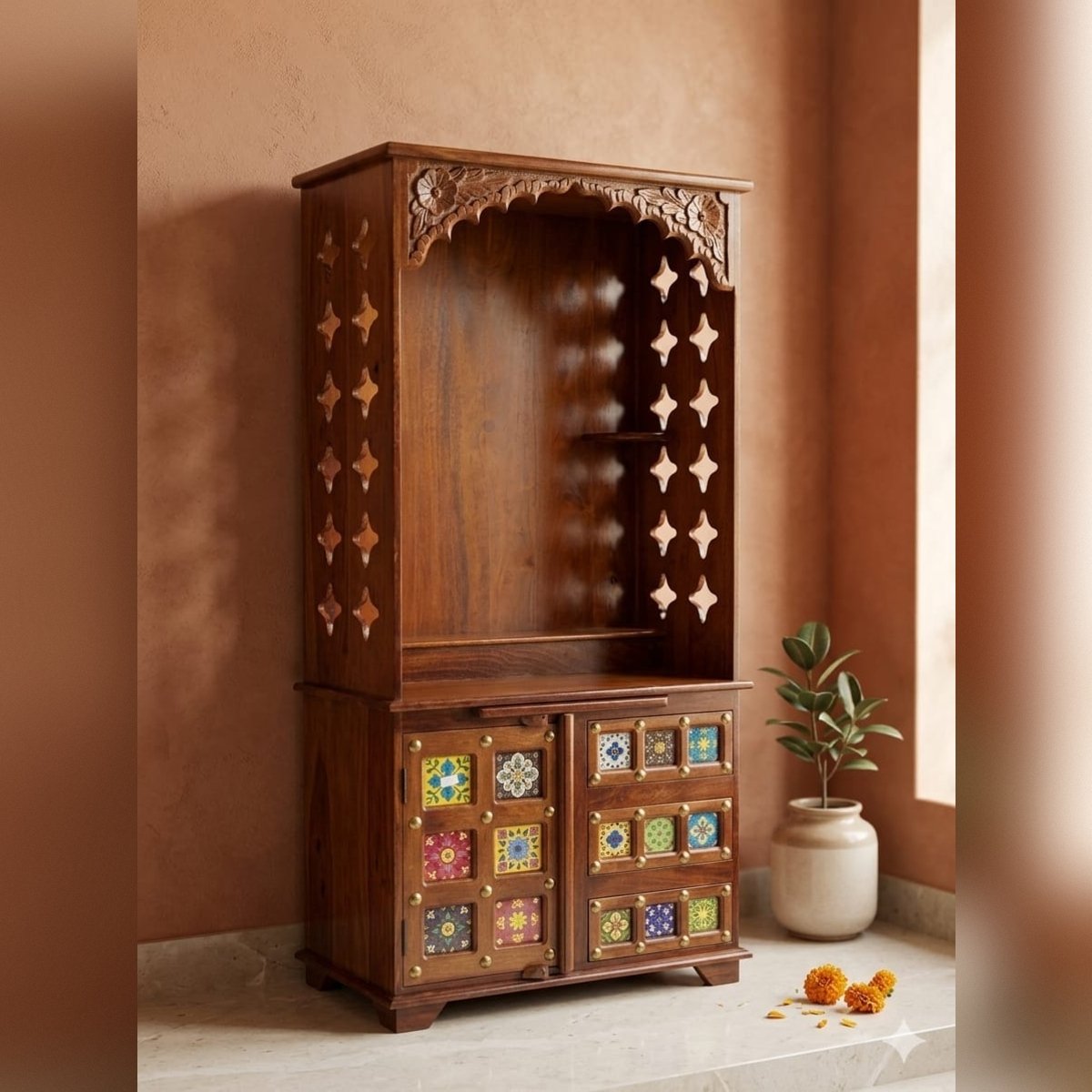 Handcrafted Open Solid Wood Home Temple with Carved Arch & Ceramic Tile Cabinet