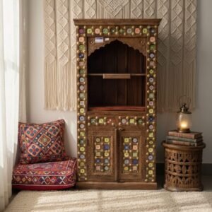 Handcrafted Wooden Home Temple with Ceramic Tile Work & Storage